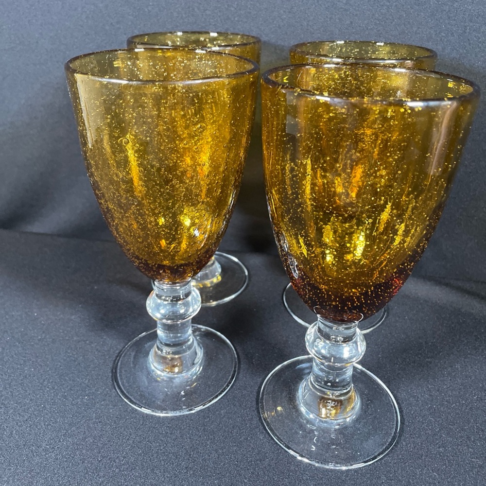 ARTLAND Iris Hand Blown Amber Glass Goblets. Set of 4.